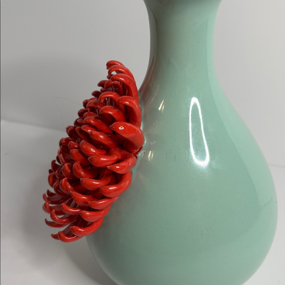 Anthropologie 3D Applied Chrysanthemum Vase Light Blue & Coral (approx 9.25โ) - Picture 10 of 16